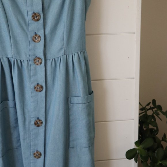 Blue "Denim" Button Down Dress - Picture 4 of 9